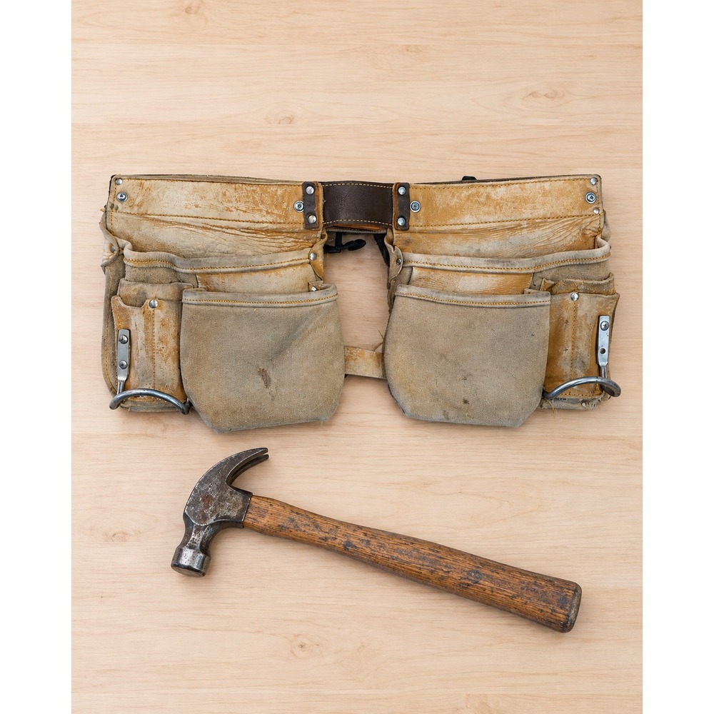 Vintage Leather Tool Belt Distressed Utility Streetwear Carpenter Workwear Tan